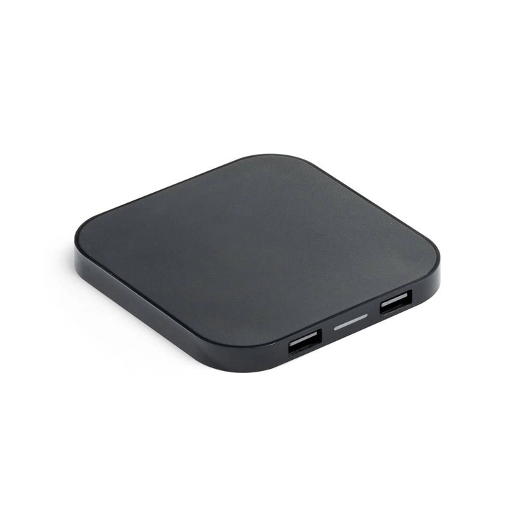 CAROLINE. Ładowarka bezprzewodowa Superfast 15W z 2 portami USB-A w ABS pochodzącego z recyklingu (60% rABS)