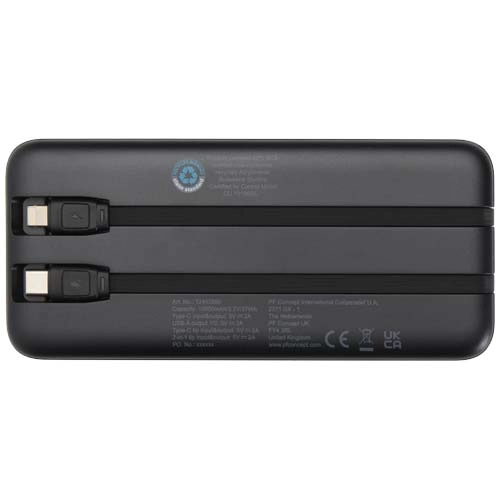 Adhil powerbank o pojemności 10.000 mAh i mocy 10 W z tworzyw sztucznych pochodzących z recyklilngu z 2 wbudowanymi kablami